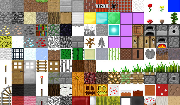 imagen de varios bloques del juego, decorado con la textura faithful 1.8