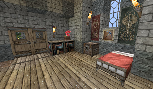 imagen del interior de una vivienda en Minecraft, usando las texturas chroma hills rpg 1.7.2
