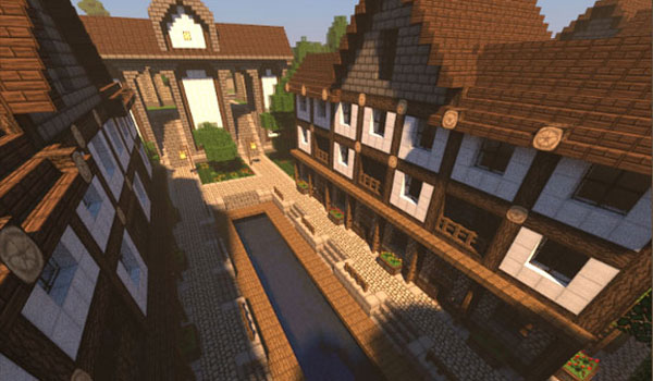 imagen de una calle ancha o avenida rodeada de casas, usando las texturas ozocraft en Minecraft.