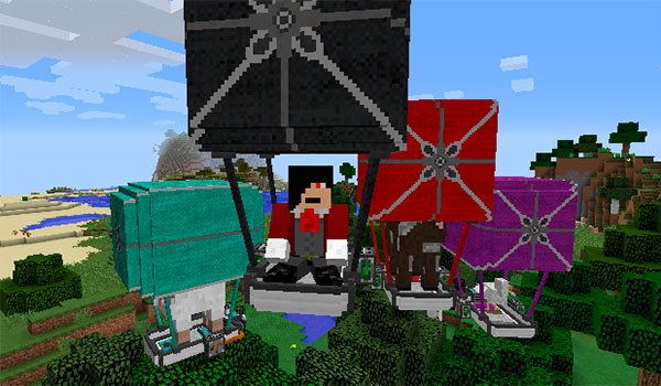 Imagen de un jugador de Minecraft, volando con su globo aerostático, mientras que podemos ver globos aerostáticos de varios colores, gracias al mod ViesCraft 1.12.