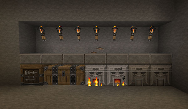 image where we see ovens and crafting tables, decorated with DMPack Texture Pack textures.
