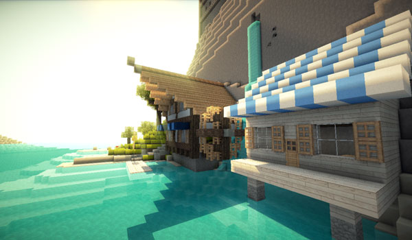 imagen donde vemos dos casas flotantes sobre una playa, todo decorado con las texturas willpack hd 1.11.