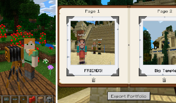 imagen donde podemos ver la cámara para hacer capturas de pantalla y el portafolios para documentar el progreso de los alumnos en Minecraft: Education Edition.