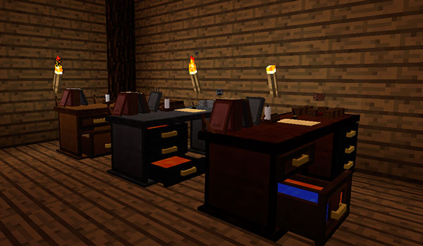 Imagen donde podemos ver tres ejemplos de los escritorios modulares que podremos crear con el mod Bagelsmore.