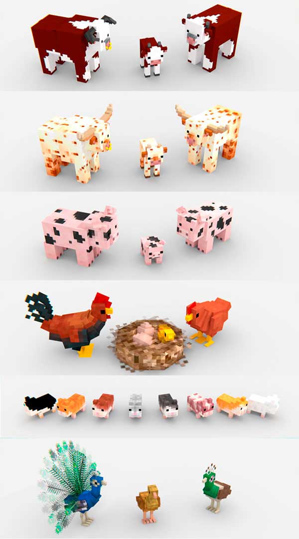 Imagen donde podemos ver el aspecto de los animales predefinidos del juego, además de otros animales que añade el mod Animania.