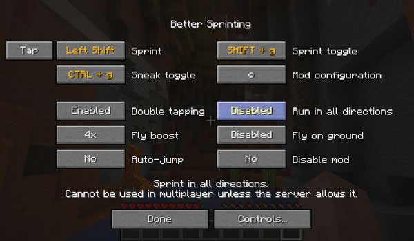 Imagen donde podemos ver el menú de opciones y funciones que nos ofrecerá el mod Better Sprinting Mod.