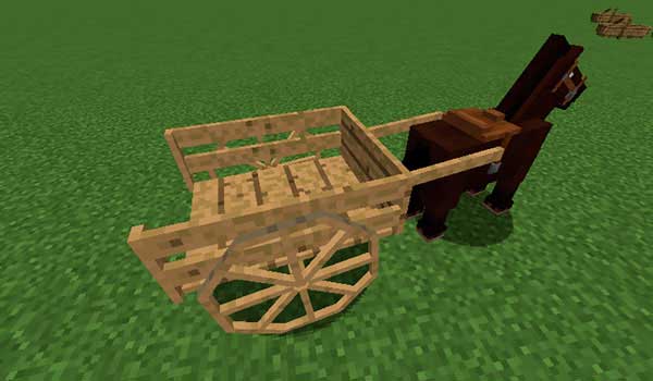 Imagen donde podemos ver a un caballo transportando uno de los carros de madera que nos permitirá fabricar el mod Horse Cart.