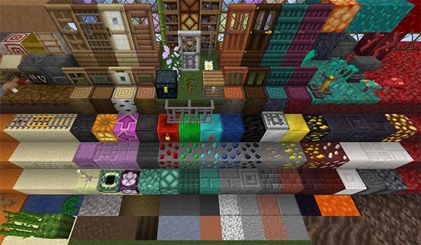 Imagen donde podemos ver una exposición de varios bloques de Minecraft, decorados con el paquete de texturas Pixxilite 1.16.