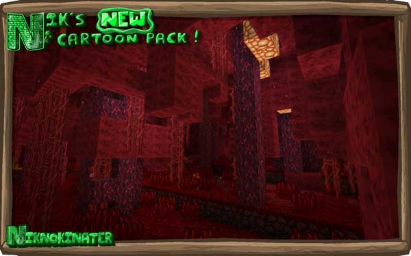 Imagen donde podemos ver el bioma Crimson Forest, de la dimensión del Nether, decorado con Nik's New Cartoon Texture Pack.