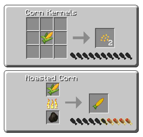 Imagen donde podemos ver el proceso de conseguir las semillas de maíz y tostar el maíz que añade el mod Simple Corn 1.16.5.