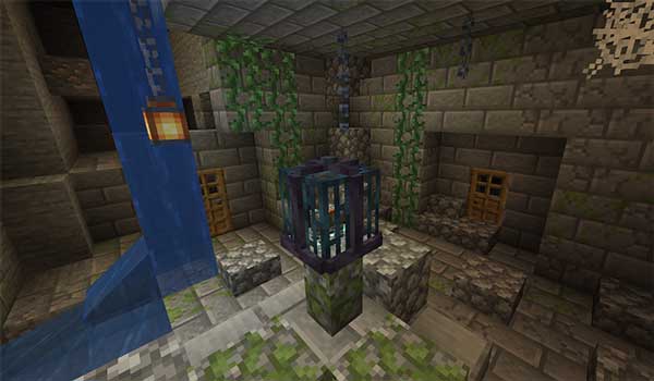 Imagen donde podemos ver una jaula, del mod Caged Mobs, en medio de una sala.