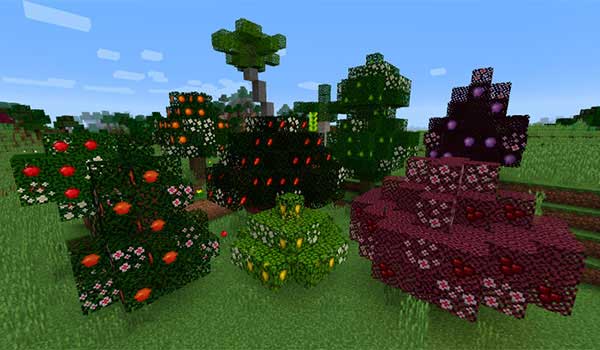 Imagen donde podemos ver una exposición con los árboles frutales que añade el mod Terraqueous.