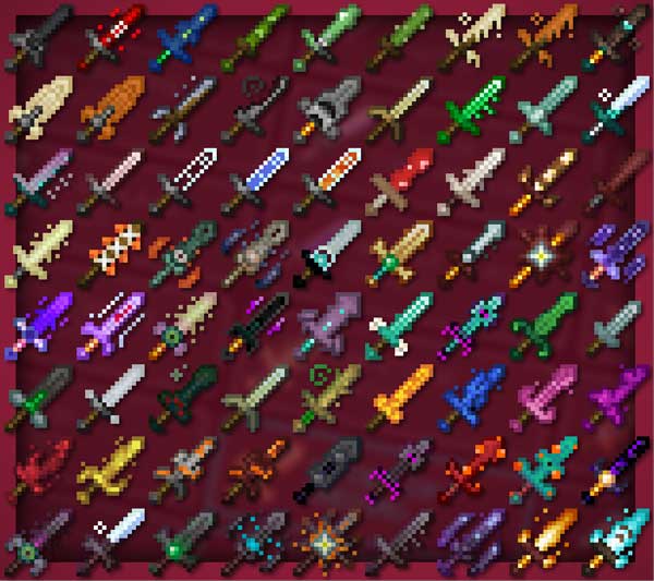 Imagen donde podemos ver todas las nuevas variantes de espadas que podremos fabricar con el mod Useless Sword.