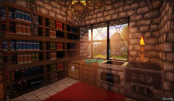 Imagen donde podemos ver el aspecto de una habitación, con una librería, decorada por Alacrity Texture Pack.