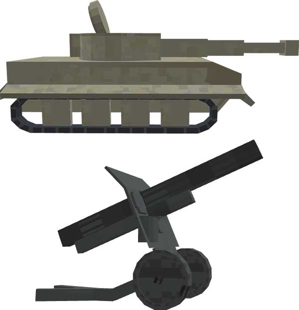 Imagen compuesta donde podemos ver uno de los tanques y la artillería antitanques que nos ofrece el mod Trajan's Tanks.