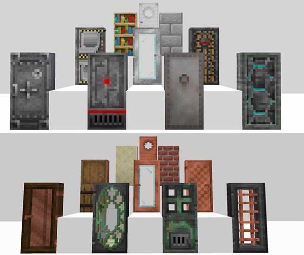Imagen compuesta donde podemos ver una exposición de algunos de los nuevos diseños de puertas del mod Many Ideas Doors Mod.