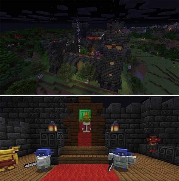 Imagen compuesta donde podemos ver un ejemplo de uno de los castillos, con sus respectivos goblins, generados por el mod Goblins & Dungeons.