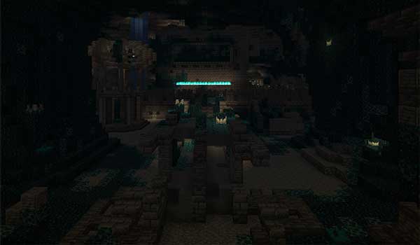 Imagen donde podemos ver una Ancient City, dentro del bioma Deep Dark.