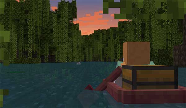 Imagen donde podemos ver un jugador navegando con un barco con cofre en el bioma Mangrove Swamps.