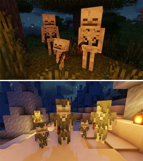 Imagen donde podemos ver las versiones en miniatura, creadas por el mod Tiny Skeletons, de los diversos tipos de esqueletos existentes en Minecraft.