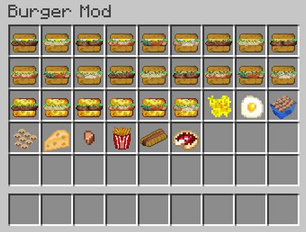 Imagen donde podemos ver todos los tipos de hamburguesa, bocadillos y otros alimentos que podremos elaborar con el mod Autovw's Burger.