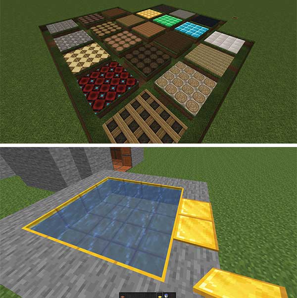 Imagen compuesta donde podemos ver dos ejemplos de los nuevos bloques de suelo que nos ofrece el mod Awesome Flooring.