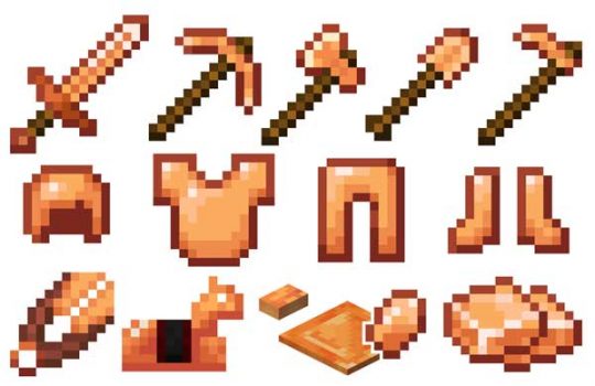 Imagen donde podemos ver las armas, herramientas, armaduras y objetos de cobre que podremos fabricar con el mod Copper Equipment.