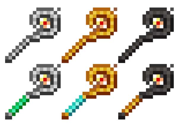 Imagen donde podemos ver las diversas variantes de báculos, varitas o bastones mágicos que podremos fabricar con el mod Enchantable Staffs.