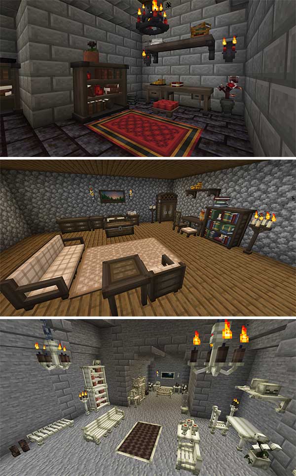 Imagen compuesta donde podemos ver tres salas decoradas con el mobiliario y los objetos decorativos que nos ofrece el mod Fantasy's Furniture.