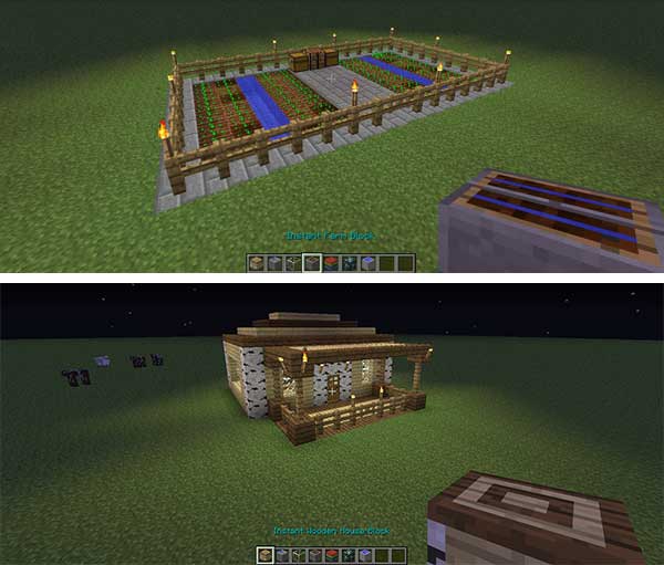 Imagen compuesta donde podemos ver una granja y una vivienda, ambas generadas por el mod Instant Blocks.