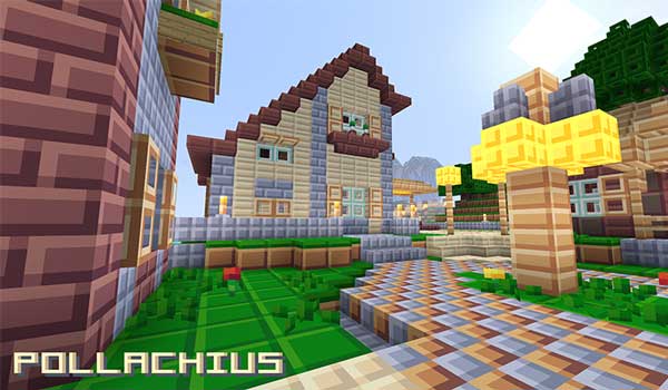 Imagen donde podemos ver el aspecto de una aldea, y una casa personalizada, decorada con el paquete de texturas Plana Pollachius.