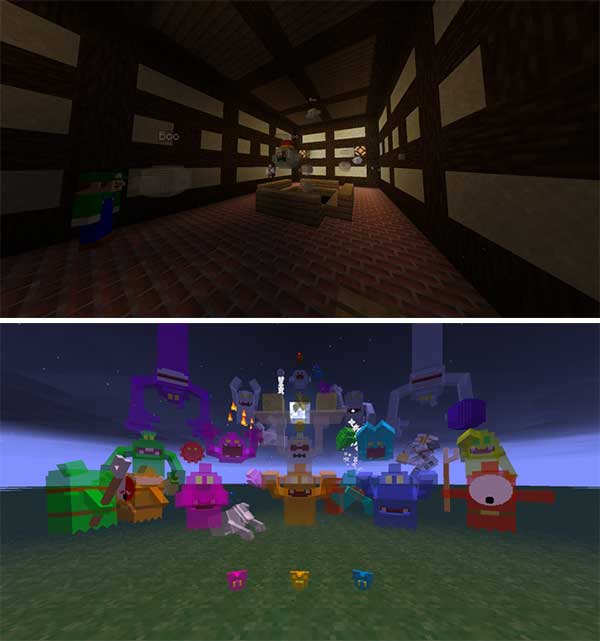 Imagen compuesta donde podemos ver algunas de las entidades y salas de la mansión embrujada que encontraremos en el mapa Luigi's Mansion.