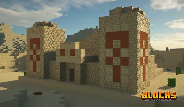 Imagen donde podemos ver el aspecto de un templo del desierto decorado con el paquete de texturas rotrBlocks.