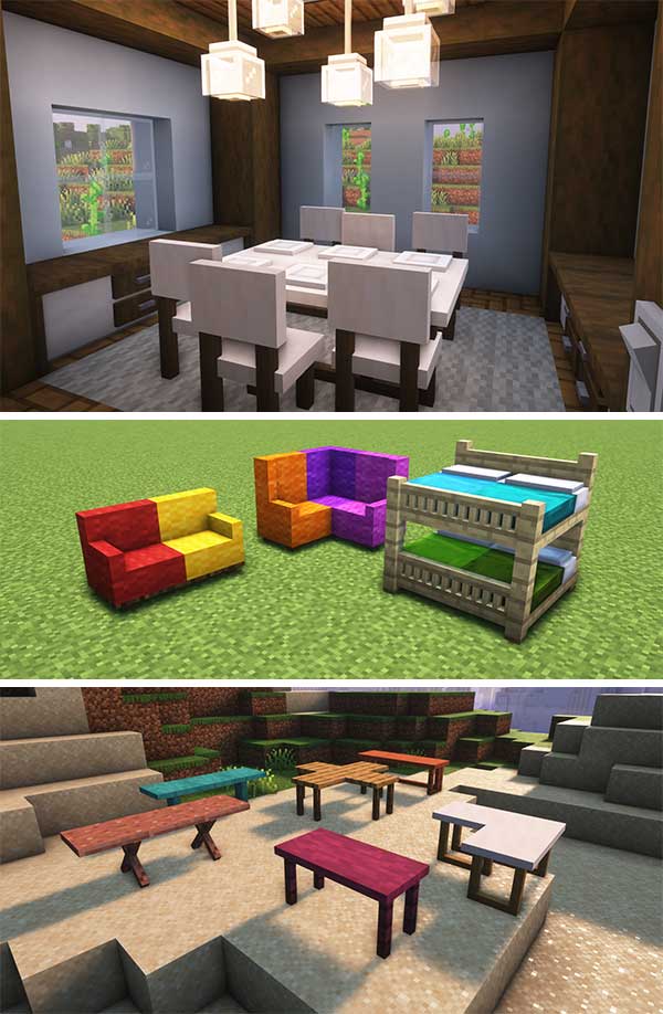 Imagen compuesta donde podemos varios de los muebles y elementos decorativos que podremos fabricar con el mod Paladin's Furniture.