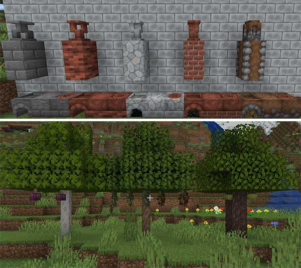 Imagen compuesta donde podemos ver las chimeneas, los hornos y los árboles frutales que añade, entre otras muchas cosas, el mod Caupona.
