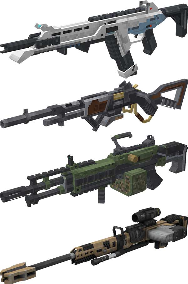 Imagen donde podemos ver las cuatro variantes de armas de fuego que podremos fabricar y utilizar gracias al mod Apex Guns.