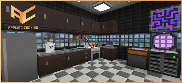 Imagen donde podemos ver una cocina decorada con los bloques y objetos que nos ofrece el mod Applied Cooking.