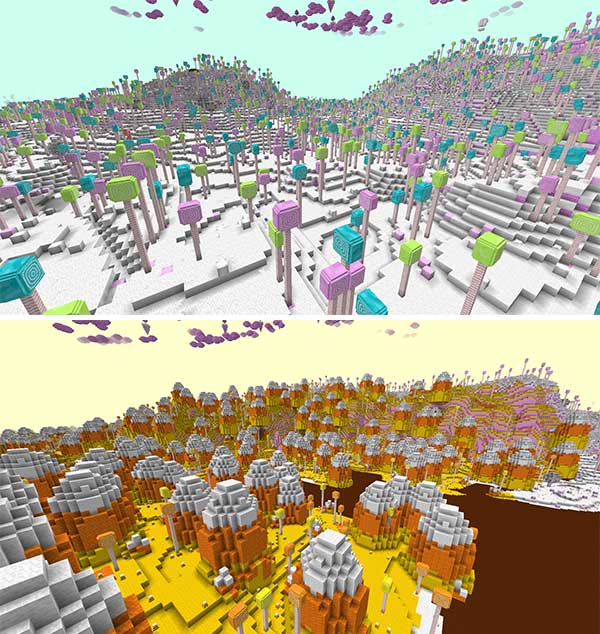 Imagen compuesta donde podemos ver dos ejemplos de biomas generados por el mod Candylands.