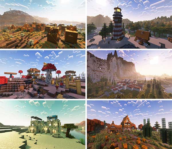 Imagen compuesta donde podemos ver una parte de las nuevas estructuras y poblados que añade el mod Towns and Towers.