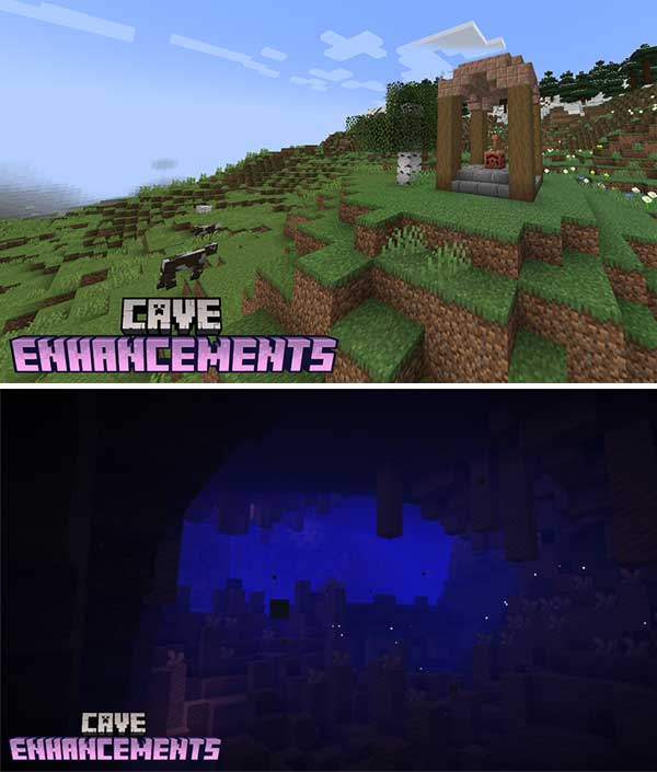 Imagen compuesta donde podemos ver una entrada y el interior de una cueva, ambas generadas por el mod Cave Enhancements.
