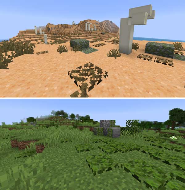 Imagen compuesta donde podemos ver cómo el mod Mirabilis modifica la apariencia de algunos de los biomas de Minecraft.