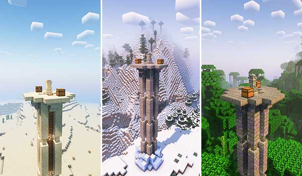 Imagen donde podemos ver tres variantes de torres, añadidas por el mod Waystone Towers.