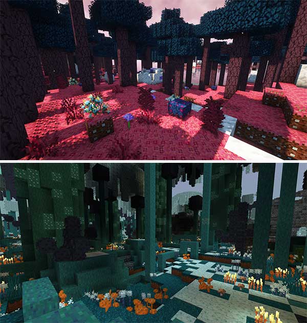 Imagen compuesta donde podemos ver dos de los nuevos biomas fantásticos que añadirá el mod Dreamland Biomes a nuestros mundos de Minecraft.