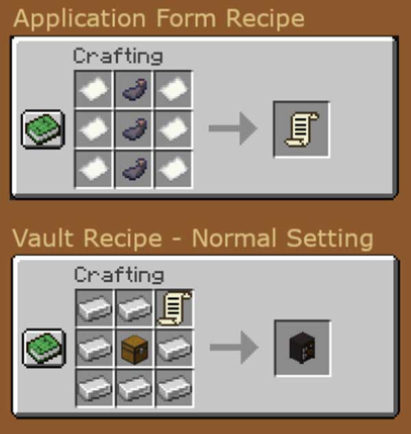 Imagen donde podemos ver las receta necesaria para fabricar la bóveda, o caja fuerte, que añade el mod Legacy Vault.