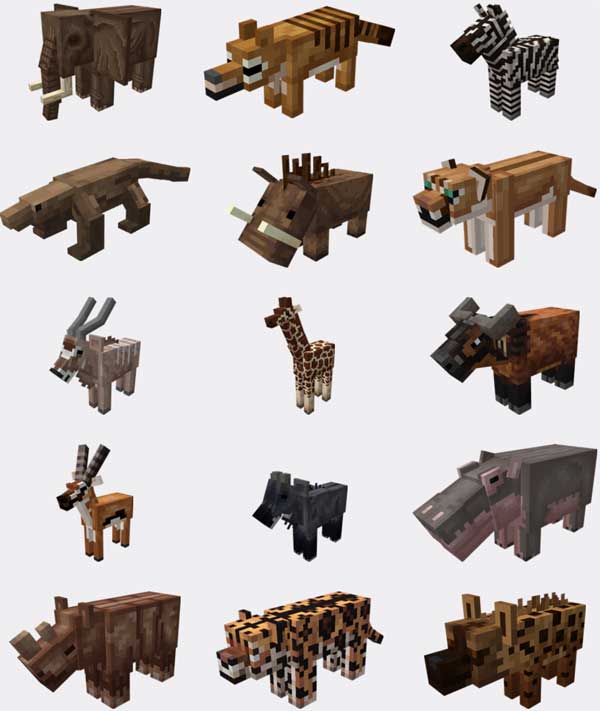 Imagen donde podemos ver todas las especies de animales que añade el mod Pangea Ultima.