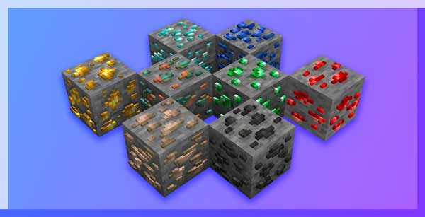 Imagen donde podemos ver la apariencia tridimensional de los bloques de recursos minerales, con el paquete de texturas PolyStash instalado.