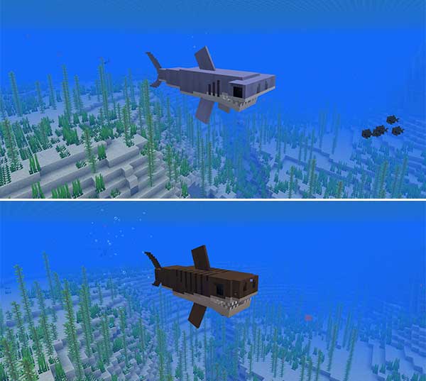 Imagen compuesta donde podemos ver dos ejemplares de tiburón, generados con el mod Sharks.