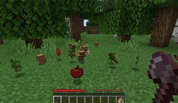 Imagen donde podemos ver el resultado de talar un árbol con las funcionalidades que ofrece el mod Tree Harvester.
