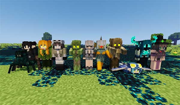 Imagen donde podemos ver la apariencia que tendrán algunas de las criaturas hostiles de Minecraft con el paquete de texturas Player Mob Models instalado.