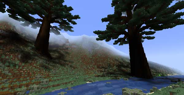 Imagen donde podemos ver el paisaje de una colina junto a un río, y dos árboles gigantes generados por el mod Tan's Huge Trees.